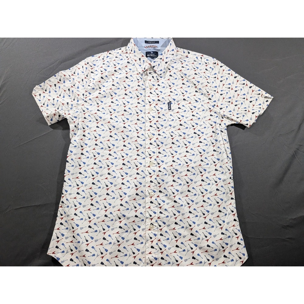 Ben Sherman Mens Large White Guitar Print Short Sleeve Button Down Shirt Stretch